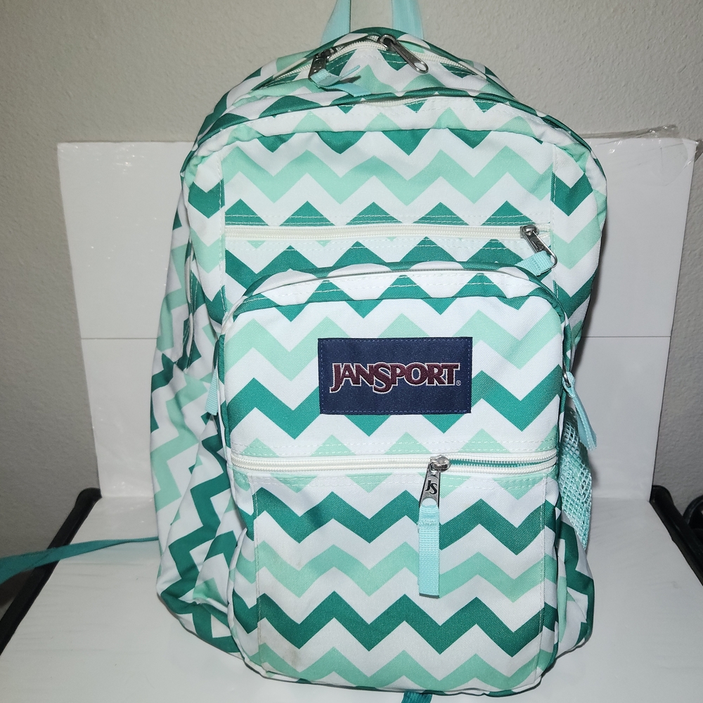 Jansport Big Student Backpack  5 Zipper Green White Aqua Zig Zag